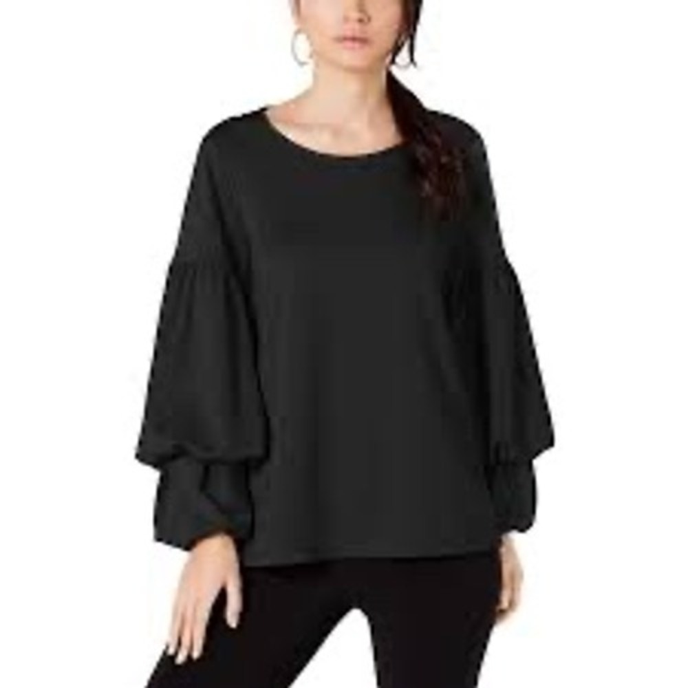 Alfani Women Deep Black Long Puff Sleeve Round Neck Blouse Top S Bubble Sleeves